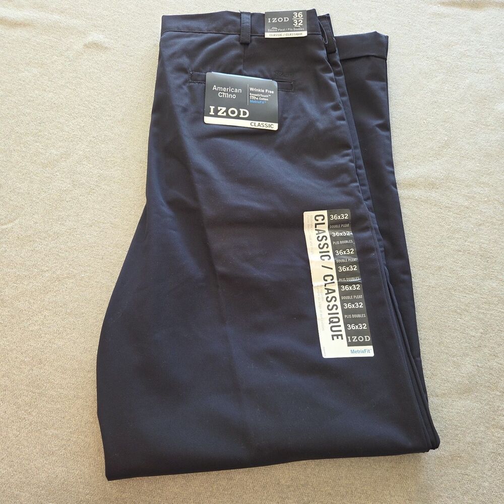 IZOD American Chino Mens Pants Wrinkle Free Double Pleat Classic Fit 36x32 Navy